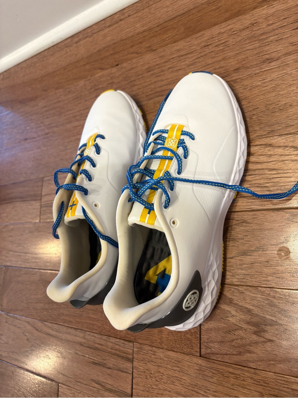 G/FORE White Sneakers with Blue Laces and Yellow Outsole Accents - Picture 3 of 5